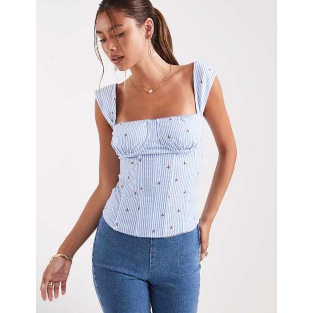 NWT WeWoreWhat Ruched Cup Corset Top Blue Strawberry Pinstripe Size 12